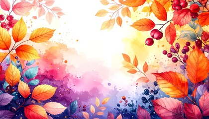 Vibrant autumn leaves frame a soft watercolor background