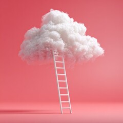 A fluffy white cloud is reached by a white ladder set against a coral pink background in a minimalist, surreal, conceptual, composition