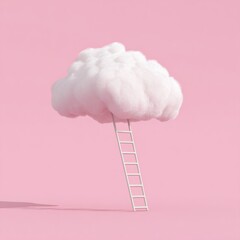 A white ladder leads into a fluffy white cloud set against a soft pink background, casting a subtle shadow, surreal and minimalist