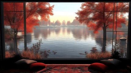 Autumn lake view from a window seat. Red leaves frame a serene lake scene