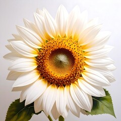 Fototapeta premium Close-up shot of a radiant, creamy white sunflower with a vibrant golden center, complemented by subtle green leaves against a soft background