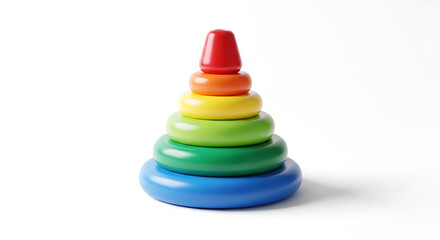 A classic colorful stacking ring toy arranged in a pyramid, symbolizing childhood and learning development.