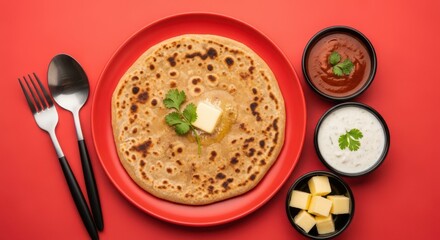 Butter paratha served on a red plate with various dipping sauces and butter cubes, isolated on red background