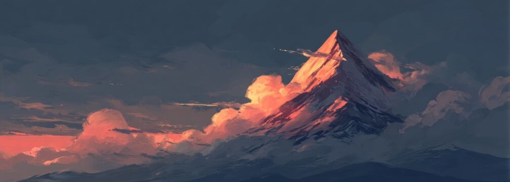 A snow-capped mountain peak illuminated by the warm glow of sunset, nestled within a sea of soft, painted clouds against a moody sky - Powered by Adobe