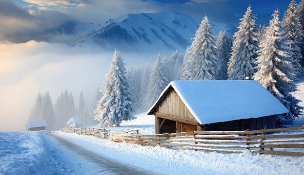 Snowy mountain village scene with a wooden barn
