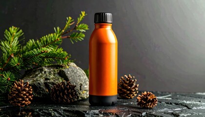 Orange thermos bottle on slate with pine branch, cones, and stone against a dark background; neutral and festive winter setting