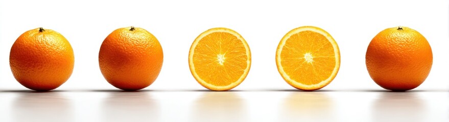 Line of vibrant oranges, some whole, some halved, gleam against a bright white backdrop, casting soft shadows, citrus fruit still life