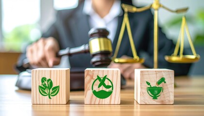 Blocks with leaf symbols in front of a legal scale and gavel held by a person in a suit against a bright, blurry outdoor background