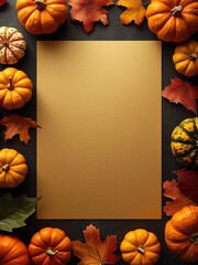 festive autumn harvest background with pumpkins and colorful fall leaves framing a golden blank center for thanksgiving greeting card, seasonal invitation, or holiday celebration design