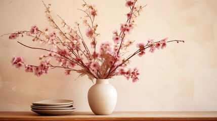 Elegant pastoral Ikebana flower arrangement made with wheat ears, placed in a minimalist vase
