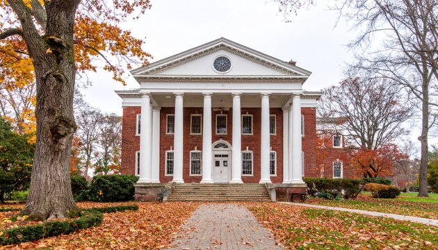 A two-story brick building featuring large white columns, surrounded by colorful autumn foliage and a pathway covered with fallen leaves