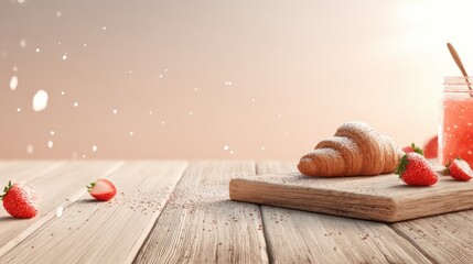 Freshly Baked Croissant with Strawberries and Jam on Wooden Table in Soft Morning Light Setting