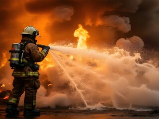 Naklejka premium Brave firefighter battling raging flames with water hose during emergency response situation, showcasing heroism