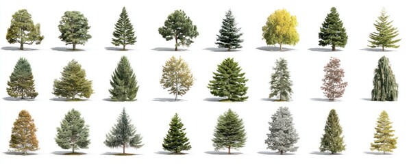 A diverse collection of twenty-one individual trees, each different species and color, arranged in an orderly grid, casting subtle shadows