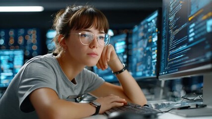 Tech-Savvy Innovator: A focused woman is immersed in coding or data analysis. Modern office environment and futuristic technology in action. - Powered by Adobe