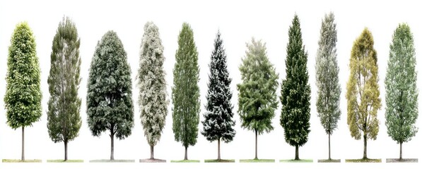 A collection of diverse trees, various shapes and shades of green, stands against a bright white background. Isolated, varied foliage