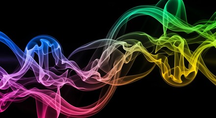 Abstract design with flowing, colorful smoke-like shapes against a black background.