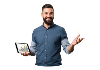 Man holding tablet isolated on transparent background
