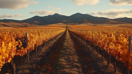 Autumn vineyard stretching towards mountains. Golden leaves line a path through rows of vines