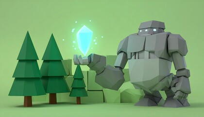 Giant Robot Holding Glowing Crystal in Forest.
