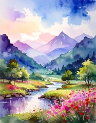 Watercolor landscape, vibrant mountains, flowing stream, wildflowers, lush greenery, serene vista