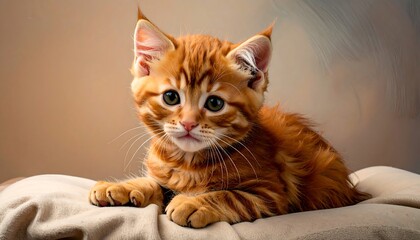 Cute ginger kitten resting on a light beige surface
