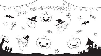 Line drawing of cute halloween background with pumpkin, ghosts, candies, lollipops, house, tree and bats.
Vector Illustration.