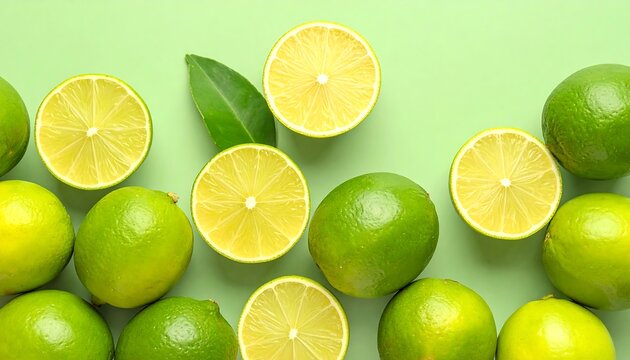 Fresh limes arranged on a mint green background