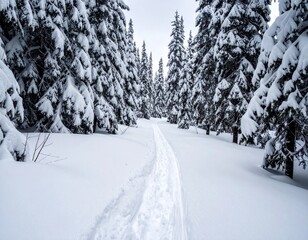 Fototapeta premium Winter Wonderland Trail: A pristine trail winds through a snow-laden evergreen forest, a picturesque scene of serene beauty, whispering tales of peace and tranquility.