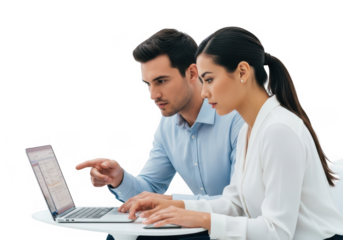 Teamwork focused on laptop isolated on transparent background