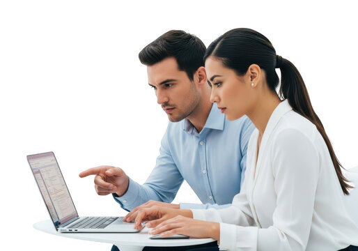 Teamwork focused on laptop isolated on transparent background - Powered by Adobe