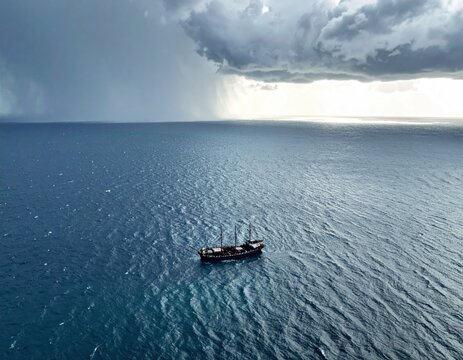 A lone ship sails the ocean under a stormy sky. Rain falls in the distance, with sunlight breaking through clouds afar