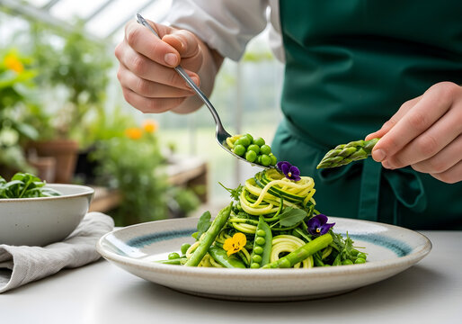 Chef preparing a vibrant green pasta dish with peas, asparagus, and edible flowers.