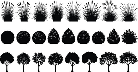 Black plant silhouette set, vector garden elements, landscape design, ornamental grass, shrub and tree icons, isolated on white background, nature illustration