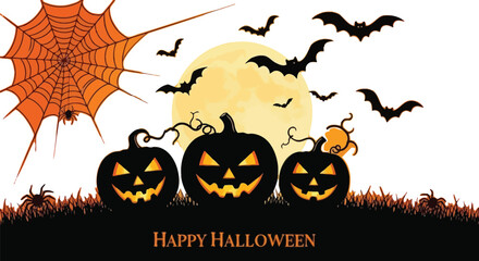 Spooky Halloween night with glowing jack-o'-lanterns, bats, spiders, and a full moon