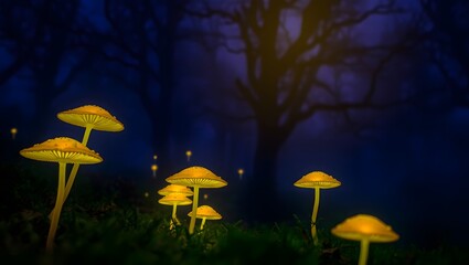 Fototapeta premium Glowing mushrooms illuminate a dark forest floor, their caps casting a soft, ethereal light against the backdrop of shadowy trees and a mysterious, enchanting atmosphere