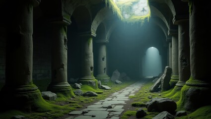 Crumbling dungeon hall with broken pillars, moss-covered floors, and faint whispers echoing in the darkness