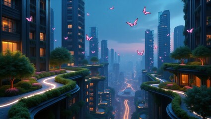 Futuristic city garden sprawling across skyscraper rooftops with lush green vegetation and vibrant urban forests