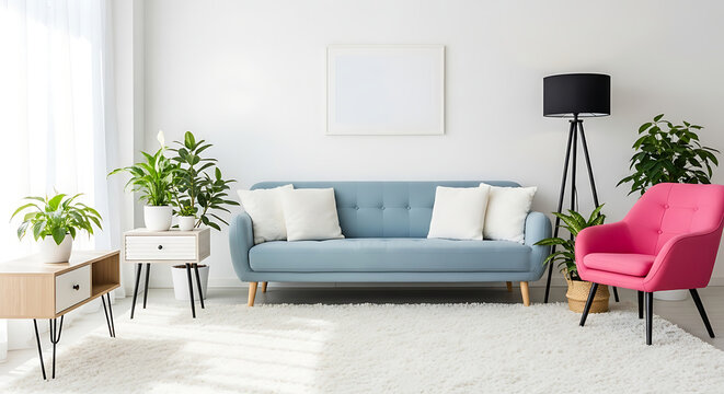 Modern living room with blue sofa pink armchair and plants