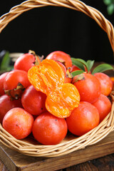 Fresh Persimmons in Wicker Basket Shanxi China Traditional Fruit Harvest Orange Honey Sweet