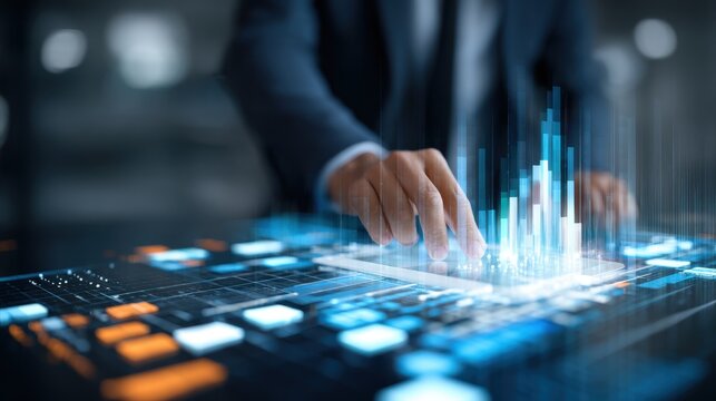 Ai Businessman working with modern interface Business analytics Big data technology and data science. Data flow concept.Business computing digital composite.