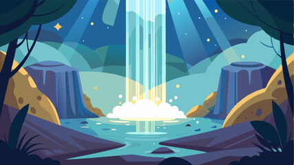 Fototapeta premium As the sunlight filters through the thick canopy overhead the waterfall glistens and sparkles its waters dancing and twisting in the everchanging light.