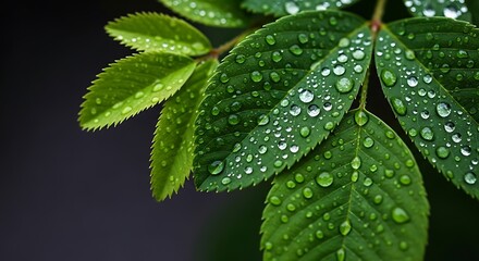 Fresh Green Leaves with Dew Drops.