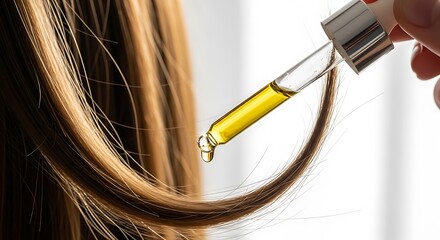 Golden oil drips onto a strand of light brown hair, highlighting the application of a nourishing treatment.