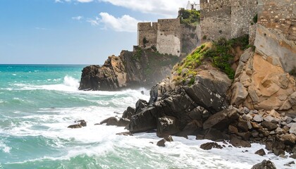 Rocky coast with ancient fortress
