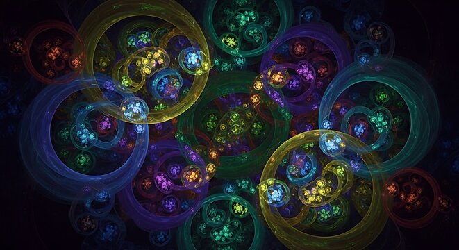 A vibrant, abstract design showcasing concentric circles and swirling patterns in a spectrum of luminous colors against a dark background.