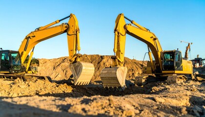 Obraz premium Two excavators working on a construction site at sunset