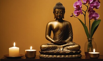 Fototapeta premium Tranquil Buddha statue with glowing candles and orchids evokes serene meditation and spiritual peace