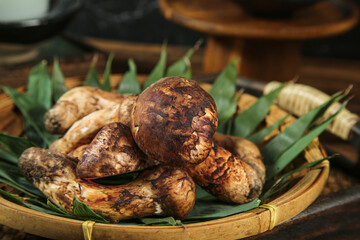 Wild Matsutake Mushrooms with Mud from Yunnan in Traditional Bamboo Basket - Fresh Picked Forest Fungi