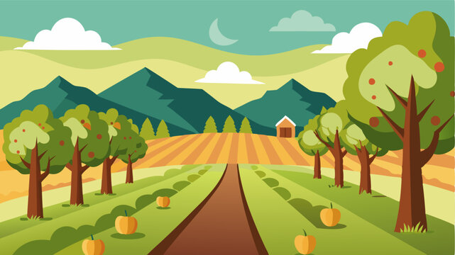 A tranquil escape to a rural orchard where rows of pear trees stand tall against a backdrop of rolling farmland.